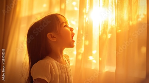 a little girls bedroom. a little hispanic girl is waking up, yawning. bright light filers through the curtain