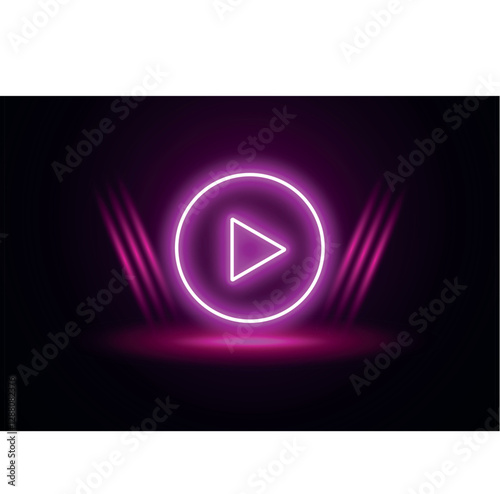 Play button icon. Pink color Neon play button with neon circle. Glowing a play button on black background. Multimedia projects .Play right navigate triangle arrow start button.