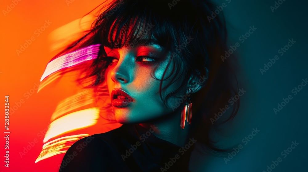 Fototapeta premium Woman with long dark hair and red lips is the main subject of the image. The photo is in black and white and has a surreal, dreamlike quality to it. The woman's face is the focal point of the image