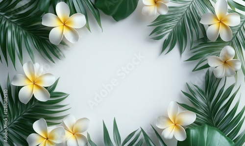 Tropical floral frame with plumeria flowers and green palm leaves on white background
