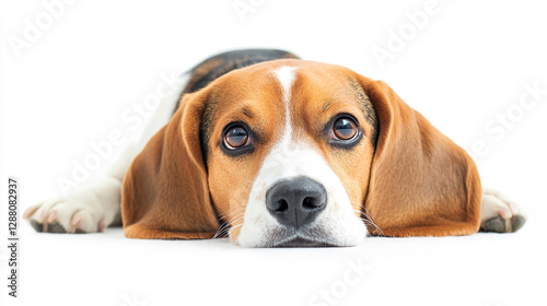 Portrait of a Dog: Brown and white Beagle resting chin down looking up with large puppy eyes in a bright isolated studio backdrop. photo