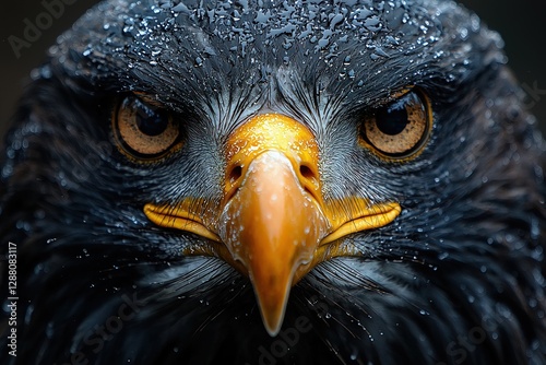 Majestic eagle displays striking gaze with droplets of water