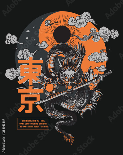 tokyo, japan, fantasy, dragon warrior, t-shirt, print, teen, men, boys, urban, streetwear, graphic print, black, dark, fashion, placement graphic, vector artwork
