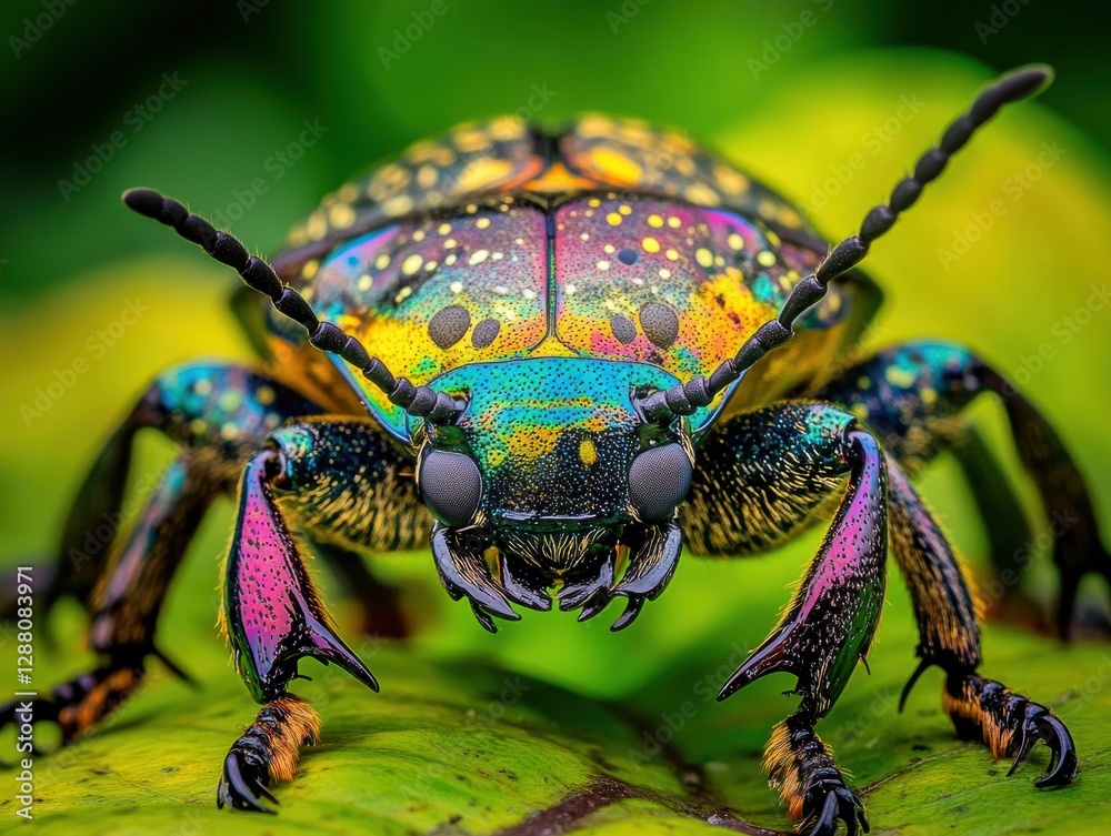 Naklejka premium Colorful beetle resting on a green leaf in a tropical rainforest environment