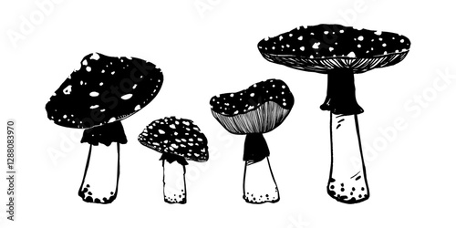 Fly agarics in linocut style set. Black and white graphics. Trendy vector illustration.