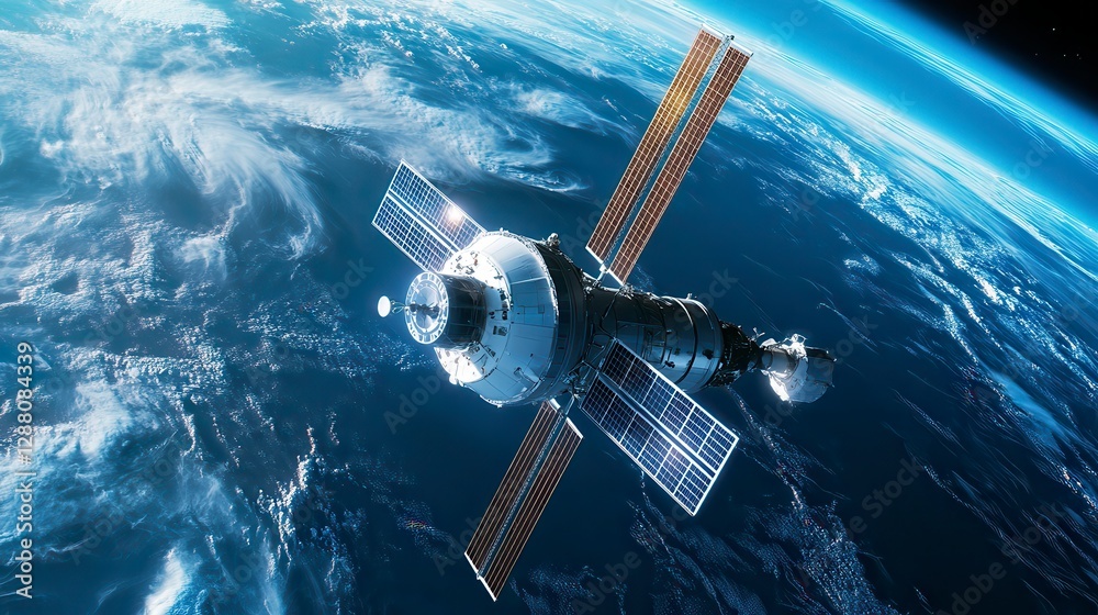 Obraz premium Satellite in Earth Orbit Night View of a Spacecraft above a Blue Planet