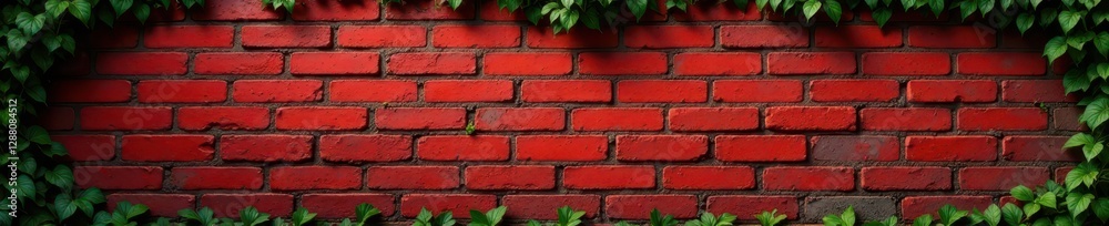 Obraz premium weathered red brick wall with aged mortar and ivy vines, outdoor background, vintage