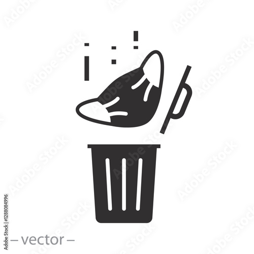 throw into an urn, end of quarantine and pandemic, discard medical mask in a trash bin icon, completed epidemic, flat vector illustration