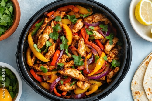 Colorful and Tasty Chicken Stir-Fry with Bell Peppers, Onion, and Cilantro in a Black Air Fryer Basket, A Quick Healthy Asian Meal for Busy Days.