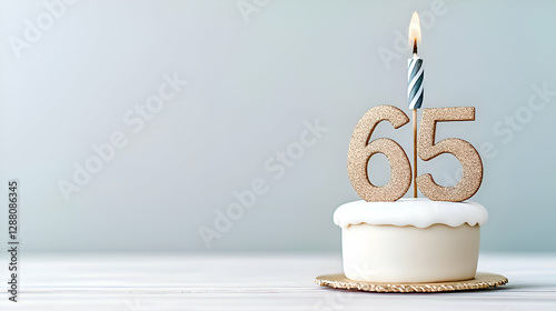 Sixty-Five Birthday Cake with Lit Candle