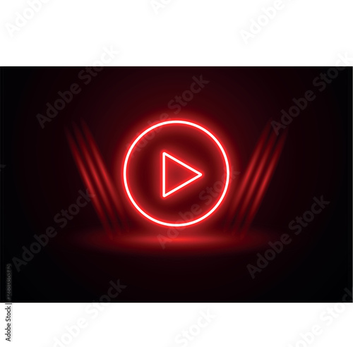 Play button icon.  Red color Neon play button with neon circle. Glowing a play button on black background. Multimedia projects .Play right navigate triangle arrow start button.	