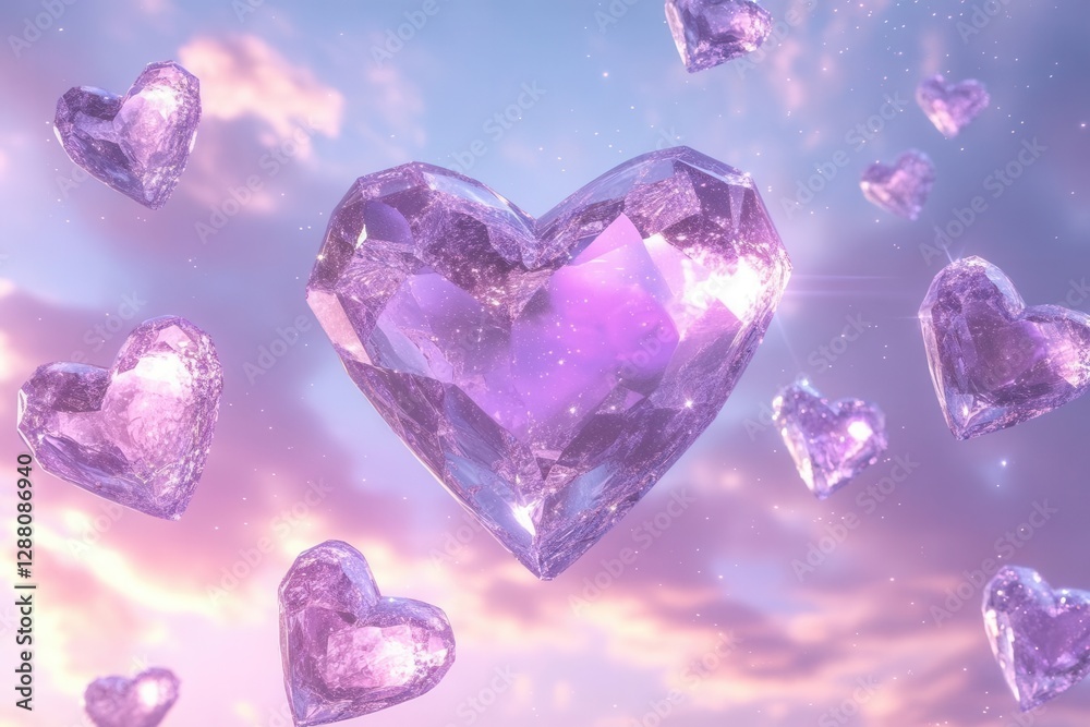 surreal floating crystal hearts in misty lavender twilight sky, reflecting aurora borealis colors with shooting stars surreal floating crystal hearts in misty lavender twilight sky, reflecting aurora borealis colors with shooting stars