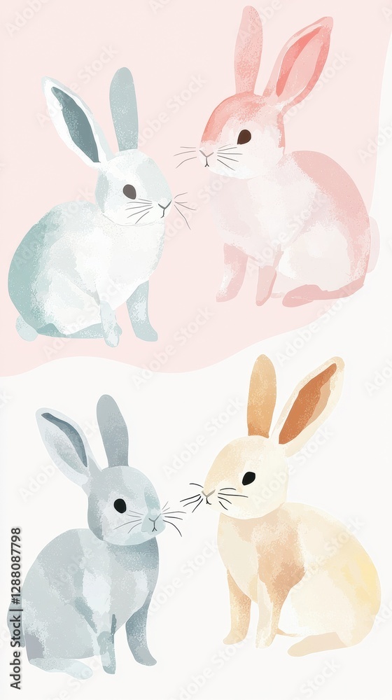 Fototapeta premium Adorable and Playful Rabbits in Soft Pastel Colors Capturing the Joy of Pets and Their Quirky Personalities in a Charming Illustration Concept