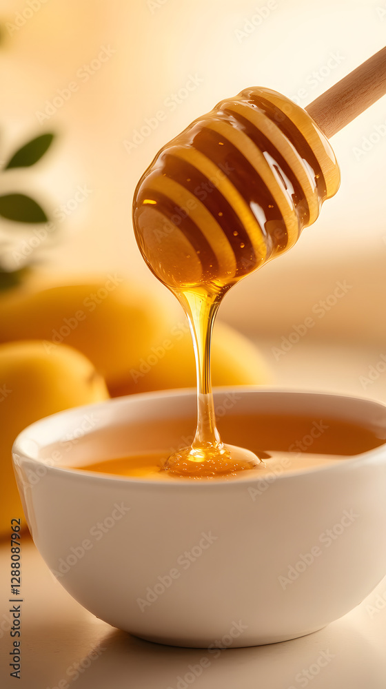Close-up shot focusing on details of flowing honey, Generative AI Close-up shot focusing on details of flowing honey, Generative AI