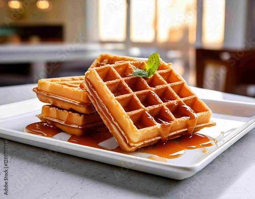 A waffle with melted caramel topping served on a white plate with a café and restaurant background. photo