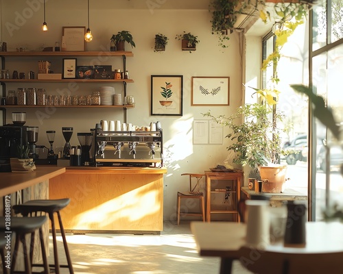 cozy coffee shop ambiance with a warm pastel color scheme, latte art, and soft natural lighting