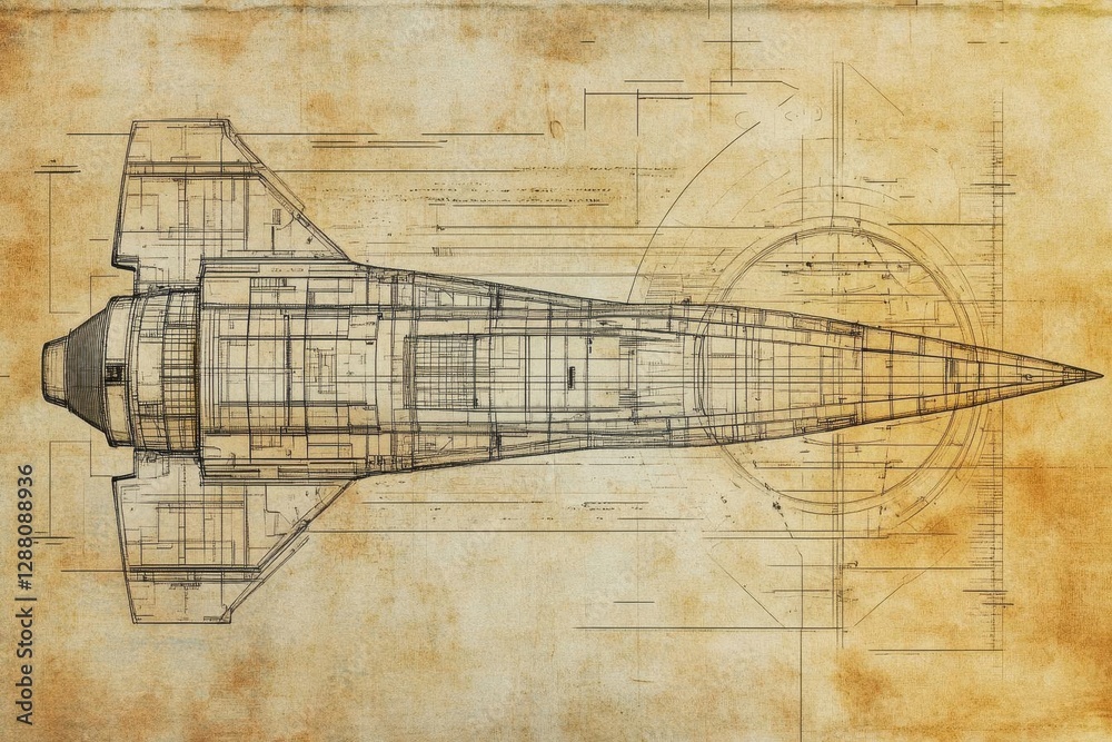 Obraz premium technical blueprint of sleek spacecraft design with intricate engineering details on aged paper texture