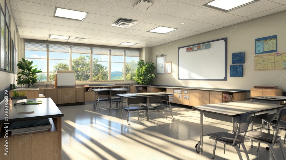 Cozy and bright high school classroom with an academic atmosphere, well-arranged desks, and a whiteboard, D illustration Cozy and bright high school classroom with an academic atmosphere, well-arranged desks, and a whiteboard, D illustration