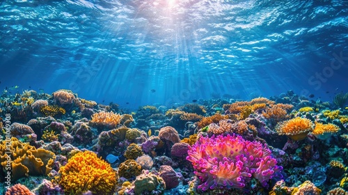 Fototapeta Naklejka Na Ścianę i Meble -  Ocean acidification idea. Vibrant coral reef teeming with life, illuminated by sun rays filtering through water.