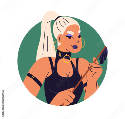 Sexy woman portrait. Dominant girl, erotic avatar, user profile. Seductive female with ponytail, latex outfit, whip for playing sexual game. Flat vector illustration isolated on white background