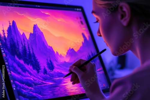 A woman digitally paints a vibrant purple and orange mountain landscape on a large screen.