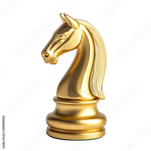 A polished golden chess knight piece featuring a detailed horse head design, isolated on white background.