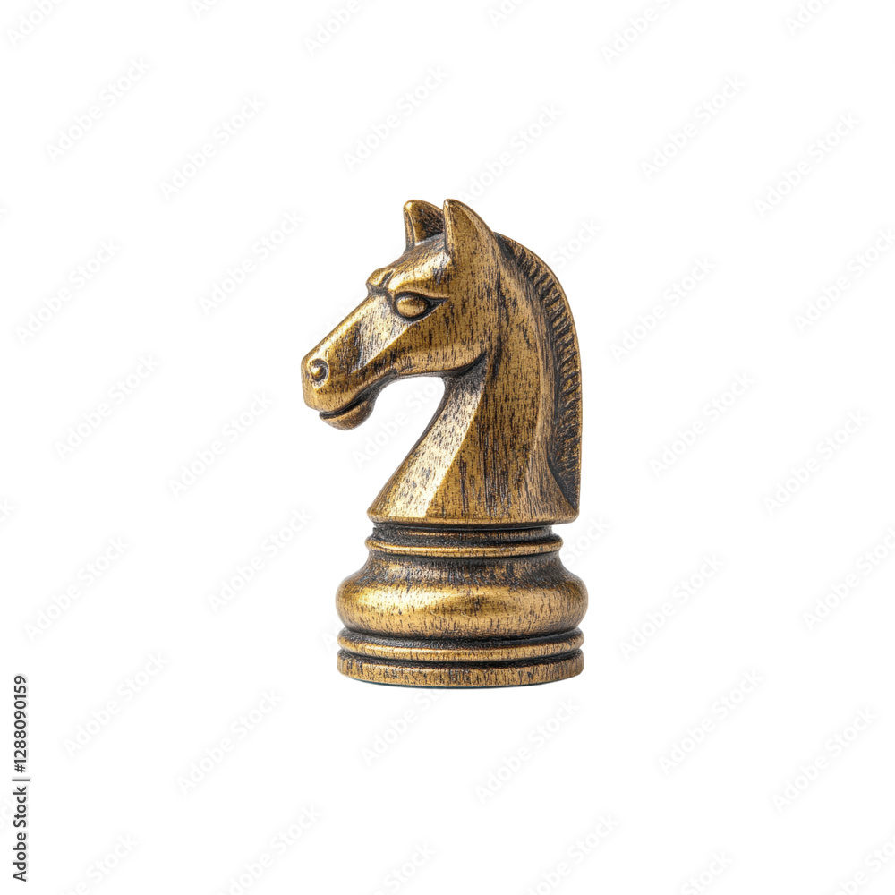 A detailed chess piece shaped like a knight, showcasing intricate design and craftsmanship, emphasizing its elegance and historical significance, isolated on white background. A detailed chess piece shaped like a knight, showcasing intricate design and craftsmanship, emphasizing its elegance and historical significance, isolated on white background.