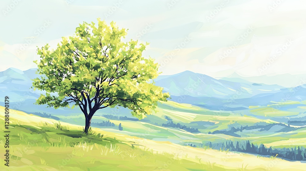 Solitary Tree on a Hilltop Overlooking a Mountain Valley Solitary Tree on a Hilltop Overlooking a Mountain Valley