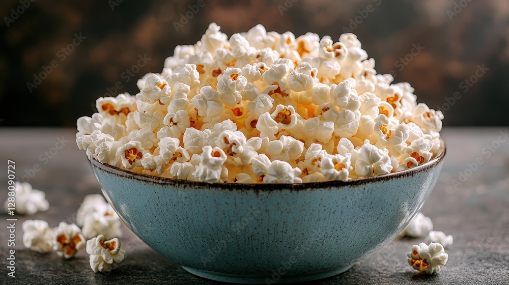 Freshly Popped Popcorn in a Blue Bowl Ready for Enjoyment Freshly Popped Popcorn in a Blue Bowl Ready for Enjoyment