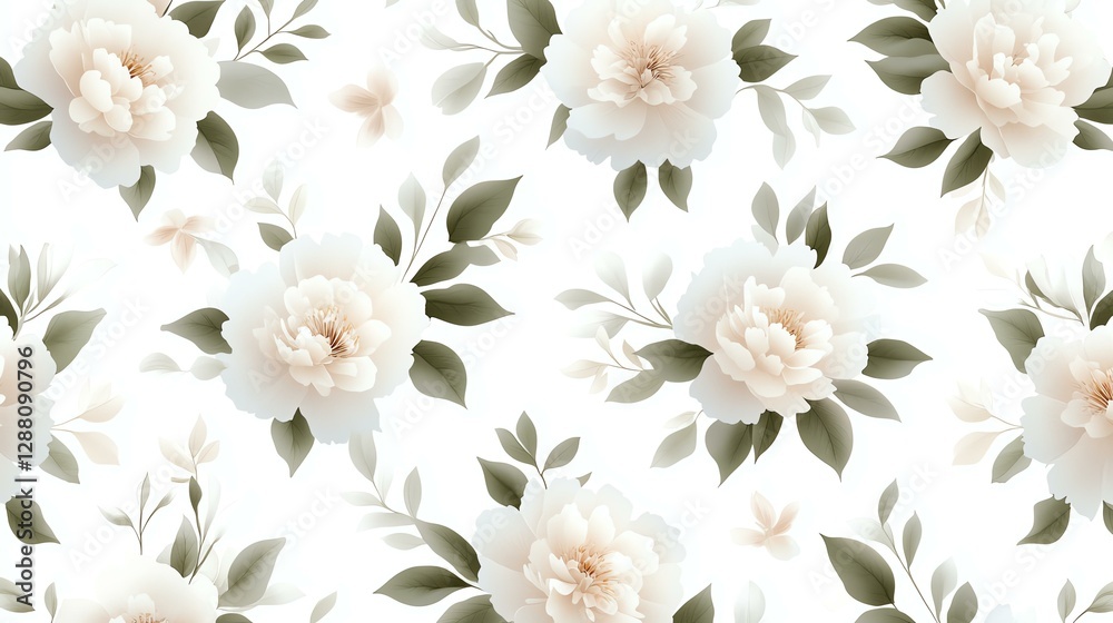 Fototapeta premium Elegant floral pattern with white flowers and green leaves on a seamless background, perfect for design projects.