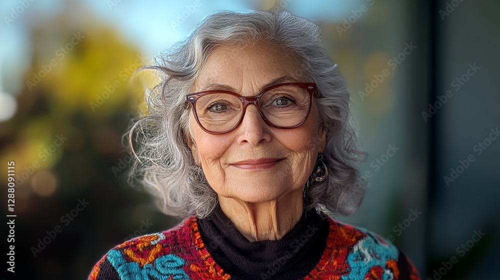 Woman with glasses and a colorful sweater is smiling. She looks happy and content. Concept of warmth and positivity Woman with glasses and a colorful sweater is smiling. She looks happy and content. Concept of warmth and positivity