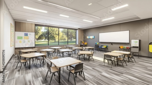 Elegant classroom in D with cozy lighting, smartboards, and a well-organized desk arrangement