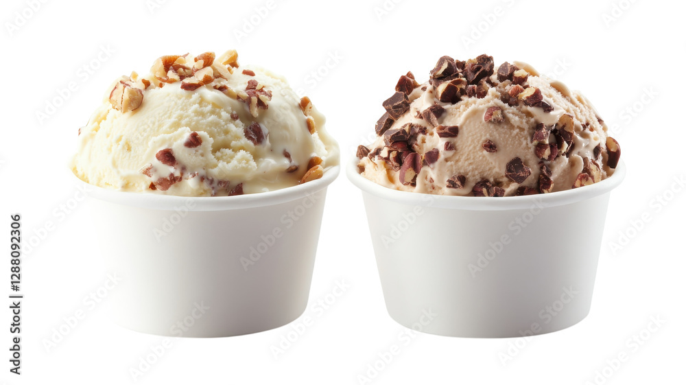 Two scoops of ice cream in white cups topped with nuts and chocolate chips sit on a clean surface ready to be enjoyed Two scoops of ice cream in white cups topped with nuts and chocolate chips sit on a clean surface ready to be enjoyed