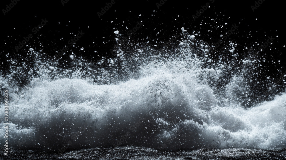 Abstract white powder explosion on black background dramatic winter snow texture design element art Abstract white powder explosion on black background dramatic winter snow texture design element art