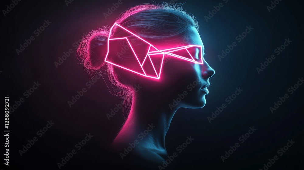Woman's face is lit up in neon colors. The image is abstract and surreal, with the woman's face being the main focus. The colors and shapes create a sense of movement and energy Woman's face is lit up in neon colors. The image is abstract and surreal, with the woman's face being the main focus. The colors and shapes create a sense of movement and energy