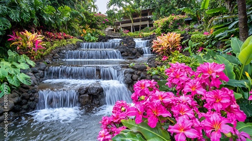 Serene Cascading Waterfall Amidst Vibrant Pink Flowers and Lush Tropical Foliage
