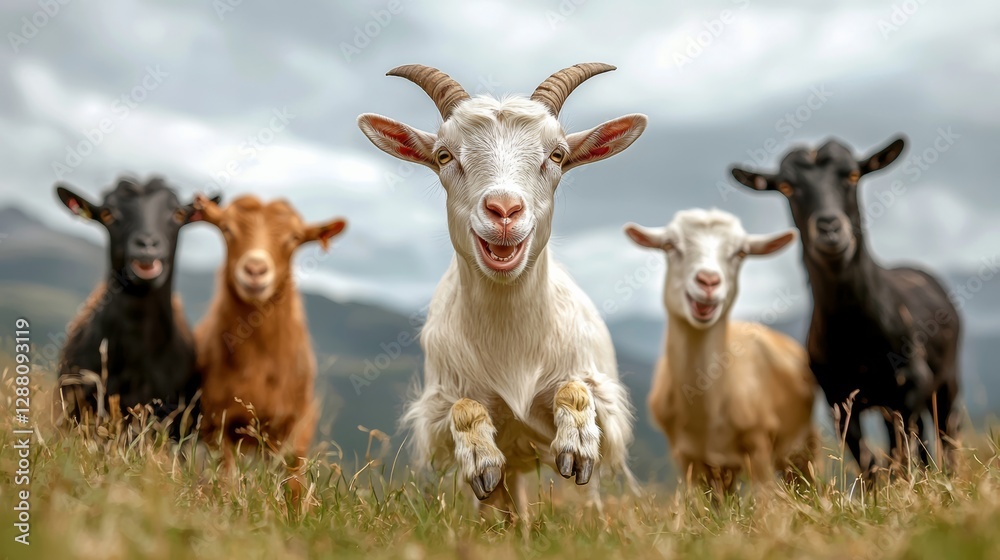 Group of goats are running through a field, with one of them having its mouth open. The scene is lively and playful, with the goats seemingly enjoying their time together Group of goats are running through a field, with one of them having its mouth open. The scene is lively and playful, with the goats seemingly enjoying their time together