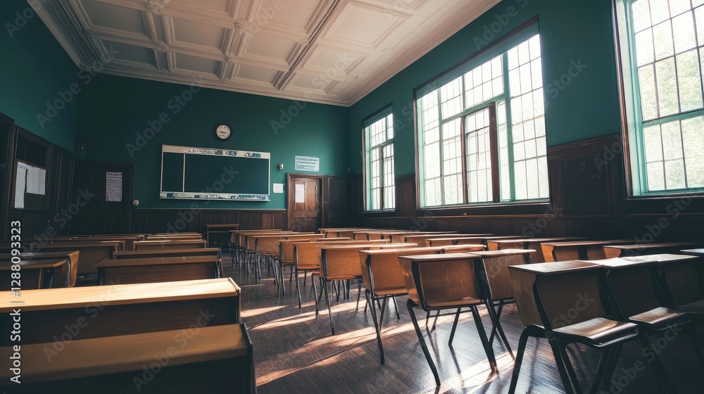 Empty academic space with wooden chairs and classic classroom aesthetics Empty academic space with wooden chairs and classic classroom aesthetics