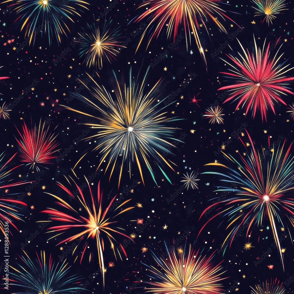 Naklejka premium Seamless Colorful Fireworks Exploding in Night Sky Pattern for Wallpaper