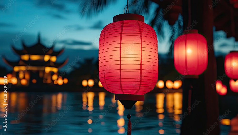 Obraz premium Illuminated Red Lanterns Adorn a Serene Asian Setting at Dusk