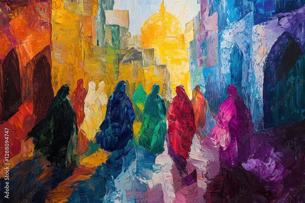 Obraz premium vibrant modern interpretation of biblical scene, dynamic brush strokes depicting robed figures in ancient jerusalem streets, rich jewel tones and expressive movement
