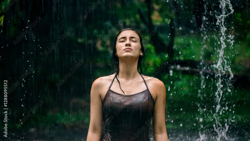 Obraz premium Serene Woman Standing by Waterfall Amid Lush Greenery Enjoying Nature's Serenity