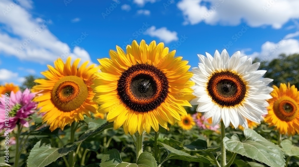 Obraz premium Vibrant Sunflowers in a Field under a Blue Sky. Possible use Stock photo for nature, garden, or agricultural themes