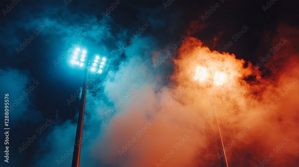 Obraz premium Digital art captures the essence of a night game, with bright stadium lights illuminating a smoky sports arena and a dramatic atmosphere