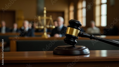 Close-up of a gavel resting on a wooden bench in a courtroom, symbolizing justice, legal decisions, and courtroom authority. Concept of law, order, and judicial system.