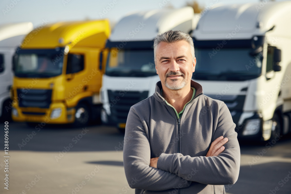 Truck driver in casual clothes standing in front of the trucks Truck driver in casual clothes standing in front of the trucks