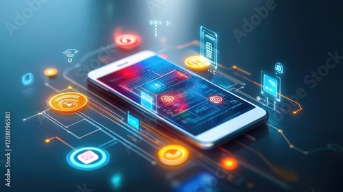 Wallpaper Mural Glowing mobile app interface concept, futuristic digital communication icons around a smartphone Torontodigital.ca