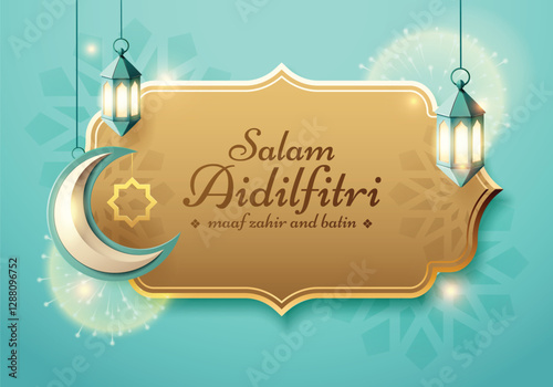 Islamic Festival Salam Aidilfitri Greeting with Lanterns and Crescent Moon