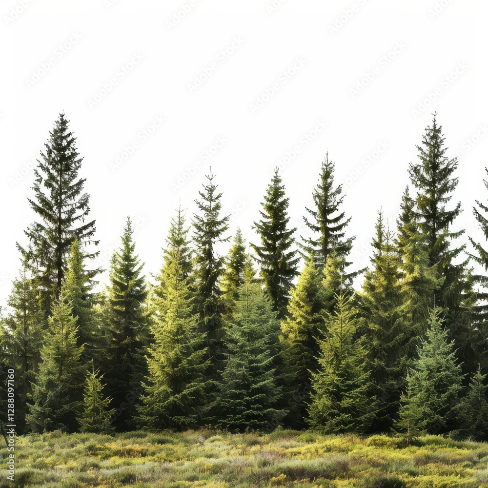 Fototapeta premium Lush Evergreen Forest Landscape with Sunlight and Greenery