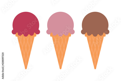 Ice cream scoop and waffle cone. Ice cream icons set. Ice cream in waffle cone of different flavors. Isolated vector illustration in flat style.